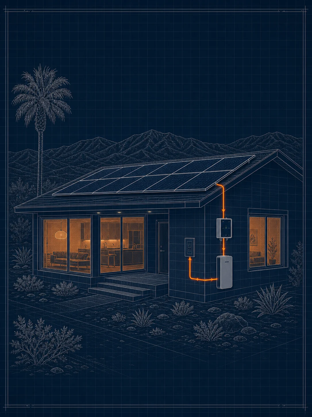 The home operating as a Mycrogrid with solar, battery storage, local control, and power available inside.