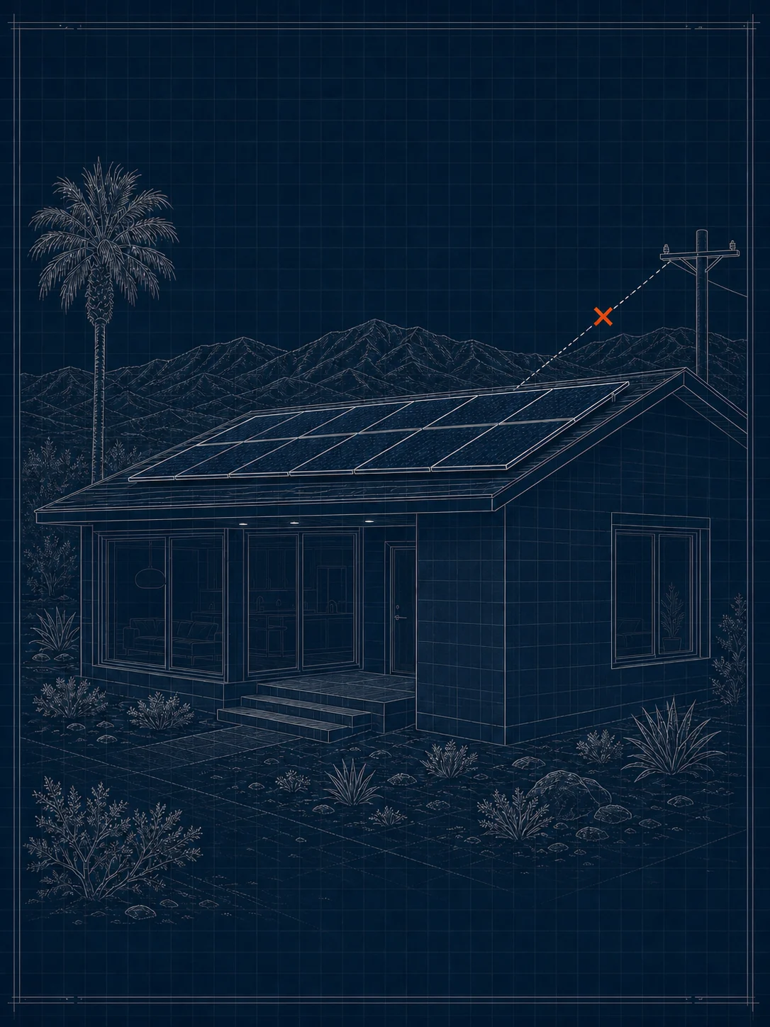 The same home with solar panels but no stored energy or local backup during a utility outage.