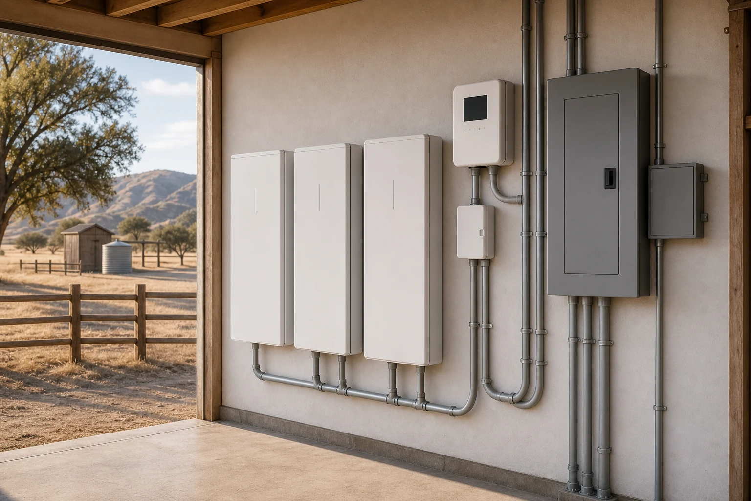 Home battery cabinets, controller, electrical equipment, and conduit in a Anza installation area.