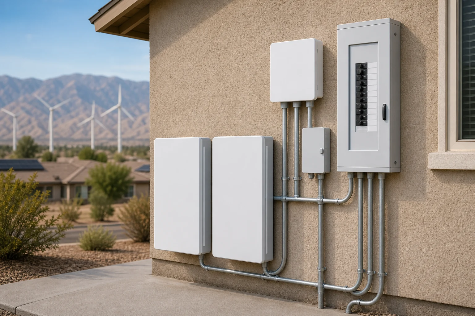 Wall-mounted home battery cabinets, smart controller, electrical subpanel, and conduit in a Banning garage.