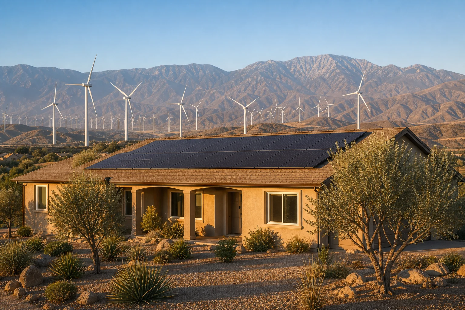 Banning foothill home with rooftop solar panels, mature trees, and San Gorgonio Pass mountain views.