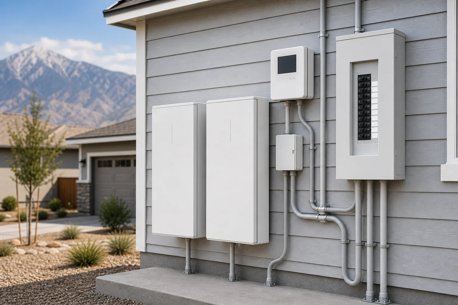 Wall-mounted home battery cabinets, smart controller, electrical subpanel, and conduit in a Beaumont garage.
