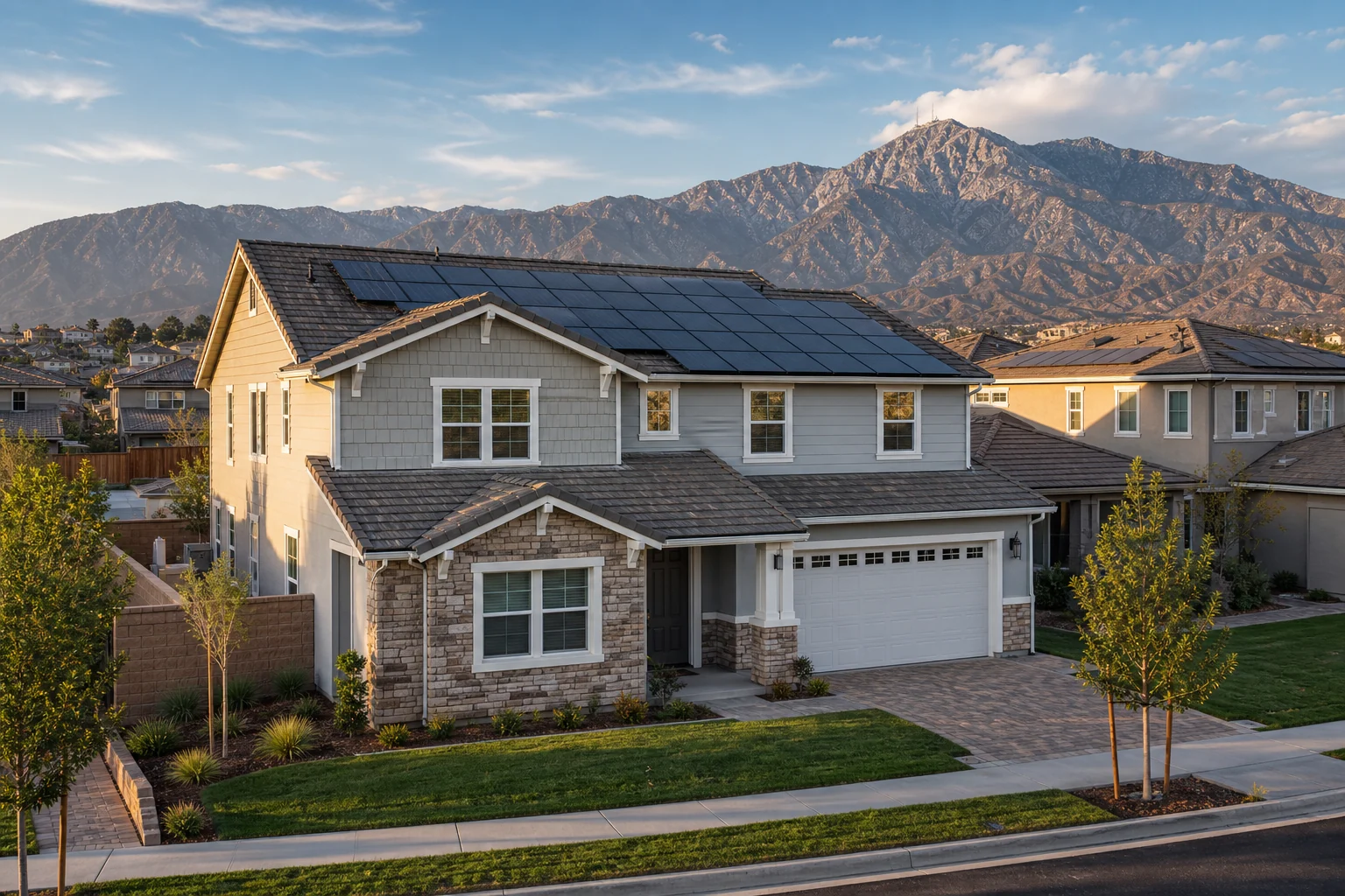 Beaumont hillside neighborhood with rooftop solar panels, newer homes, and broad pass views.