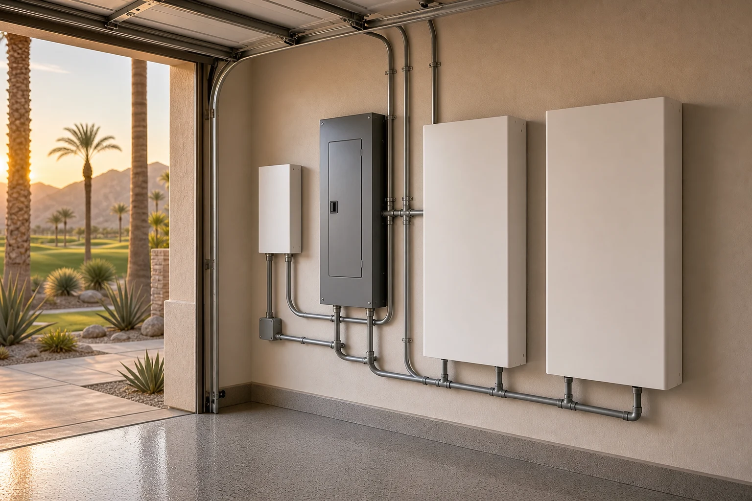 Home battery cabinets, controller, electrical equipment, and conduit in a Bermuda Dunes installation area.