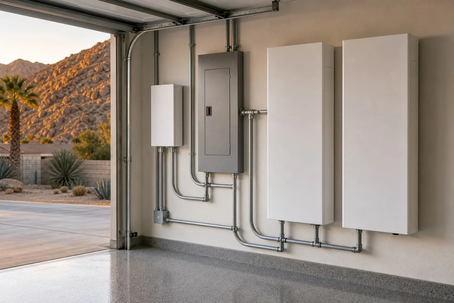 Wall-mounted home battery cabinets, smart controller, electrical subpanel, and conduit in a Cathedral City garage.