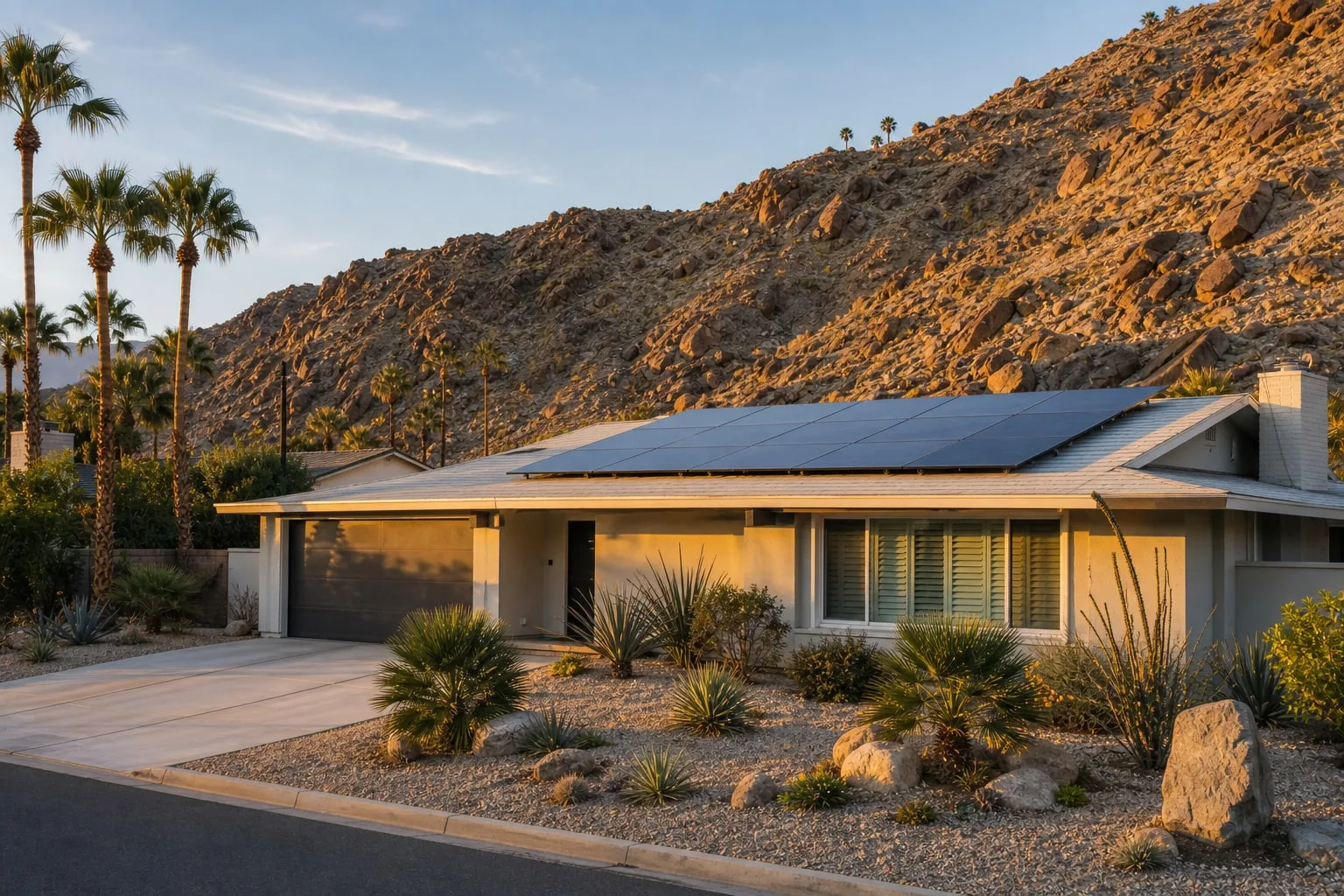 Cathedral City Cove ranch home with rooftop solar panels against a rocky canyon hillside.