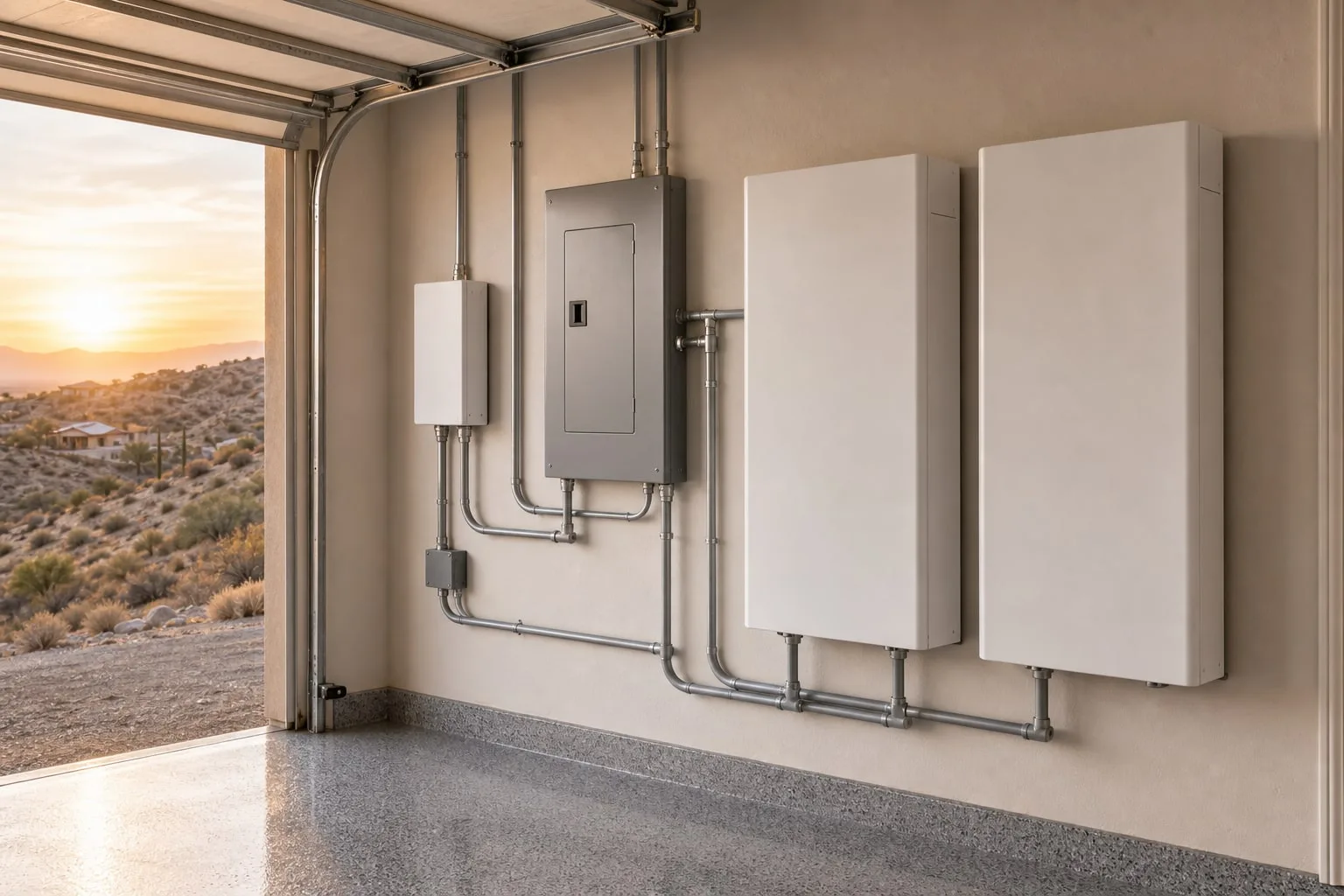 Wall-mounted home battery cabinets, smart controller, electrical subpanel, and conduit in a Desert Hot Springs garage.