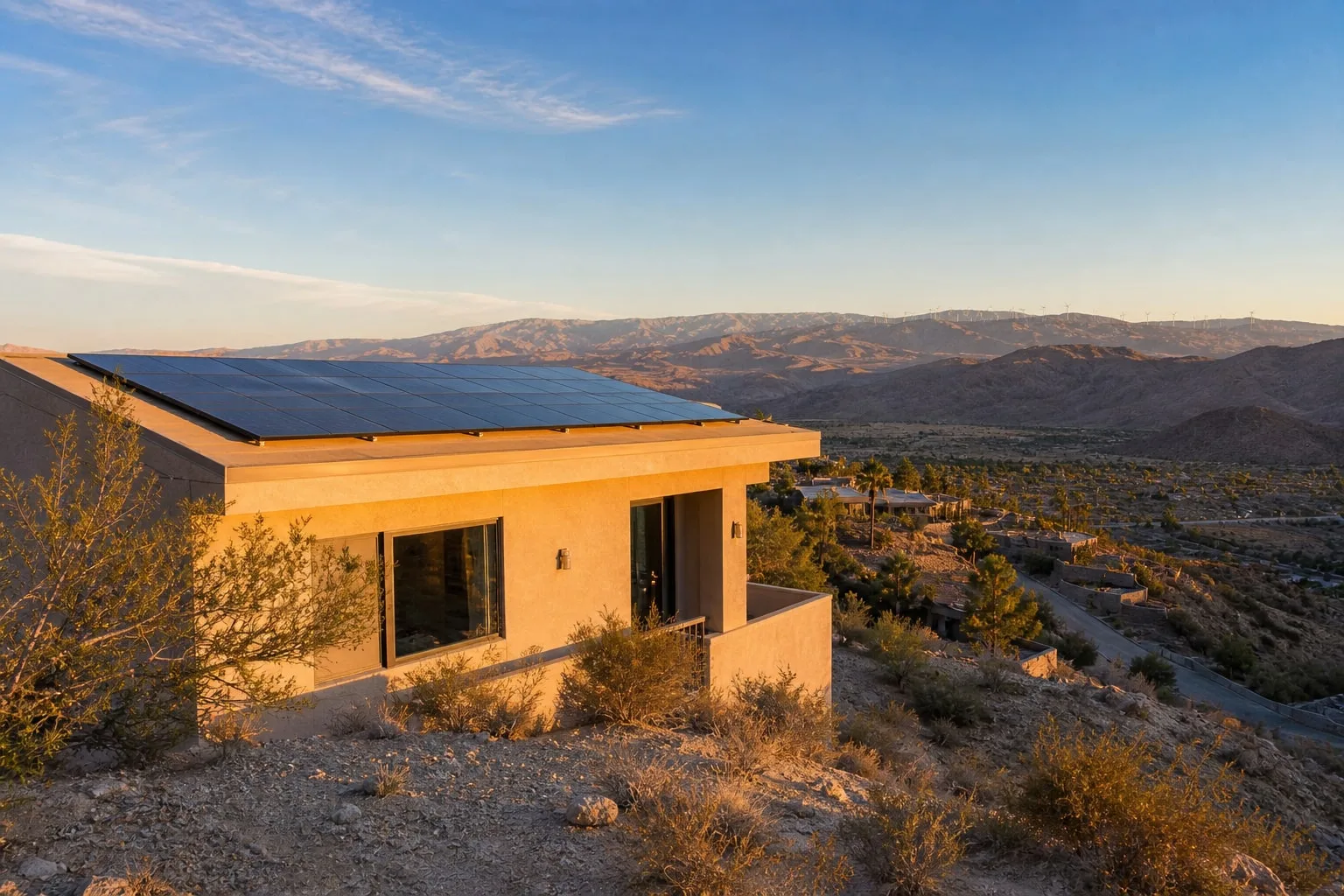 Desert Hot Springs hillside home with rooftop solar panels and elevated north-valley views.