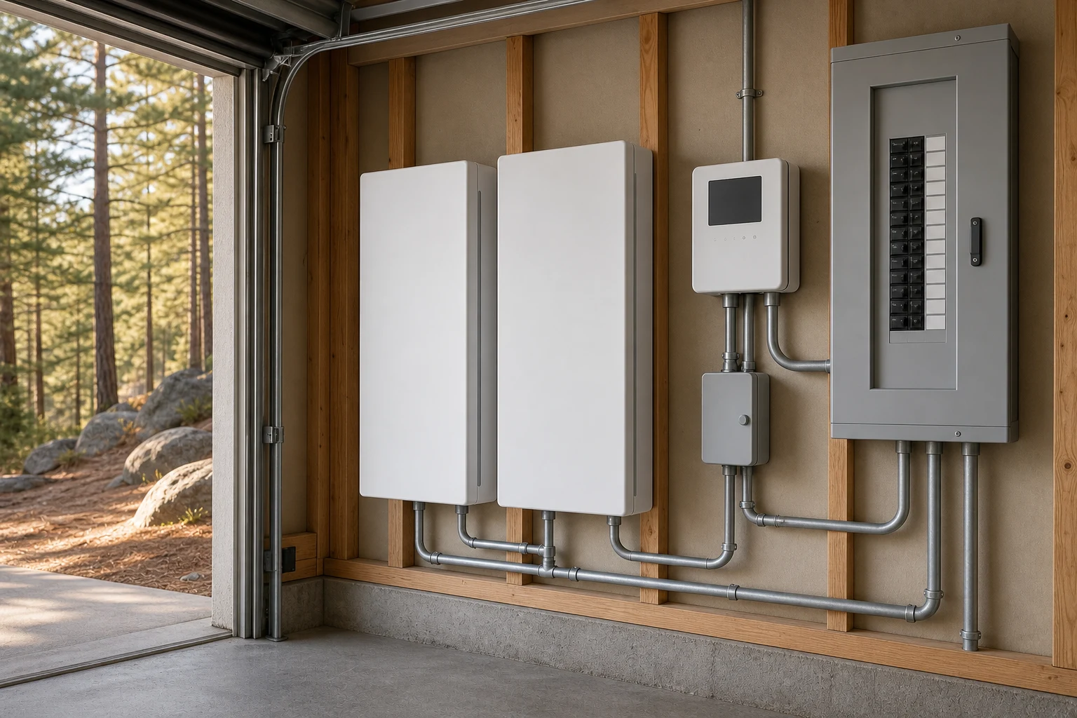 Home battery cabinets, controller, electrical equipment, and conduit in a Idyllwild installation area.