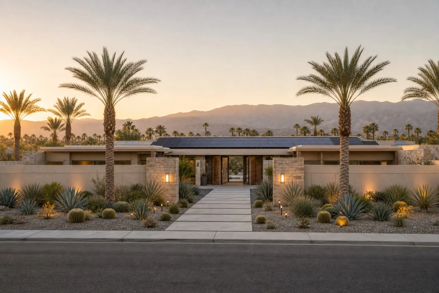 Low-profile Indian Wells luxury estate with rooftop solar panels and desert landscaping at golden hour.