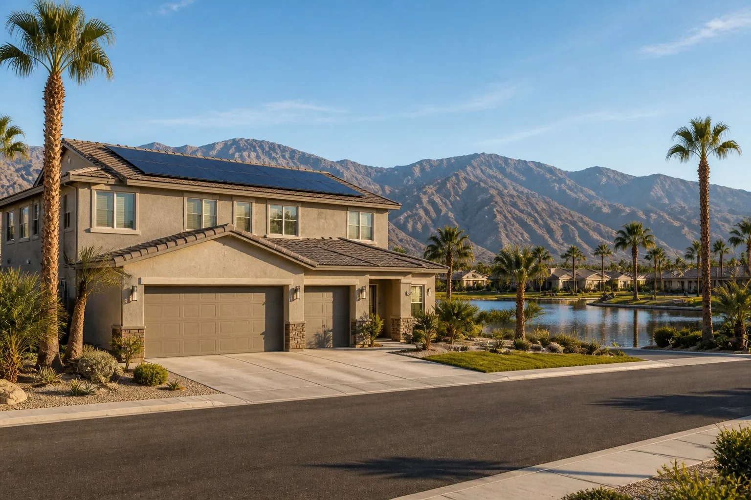Two-story Indio home with rooftop solar panels near a golf-course lake and the Santa Rosa Mountains.