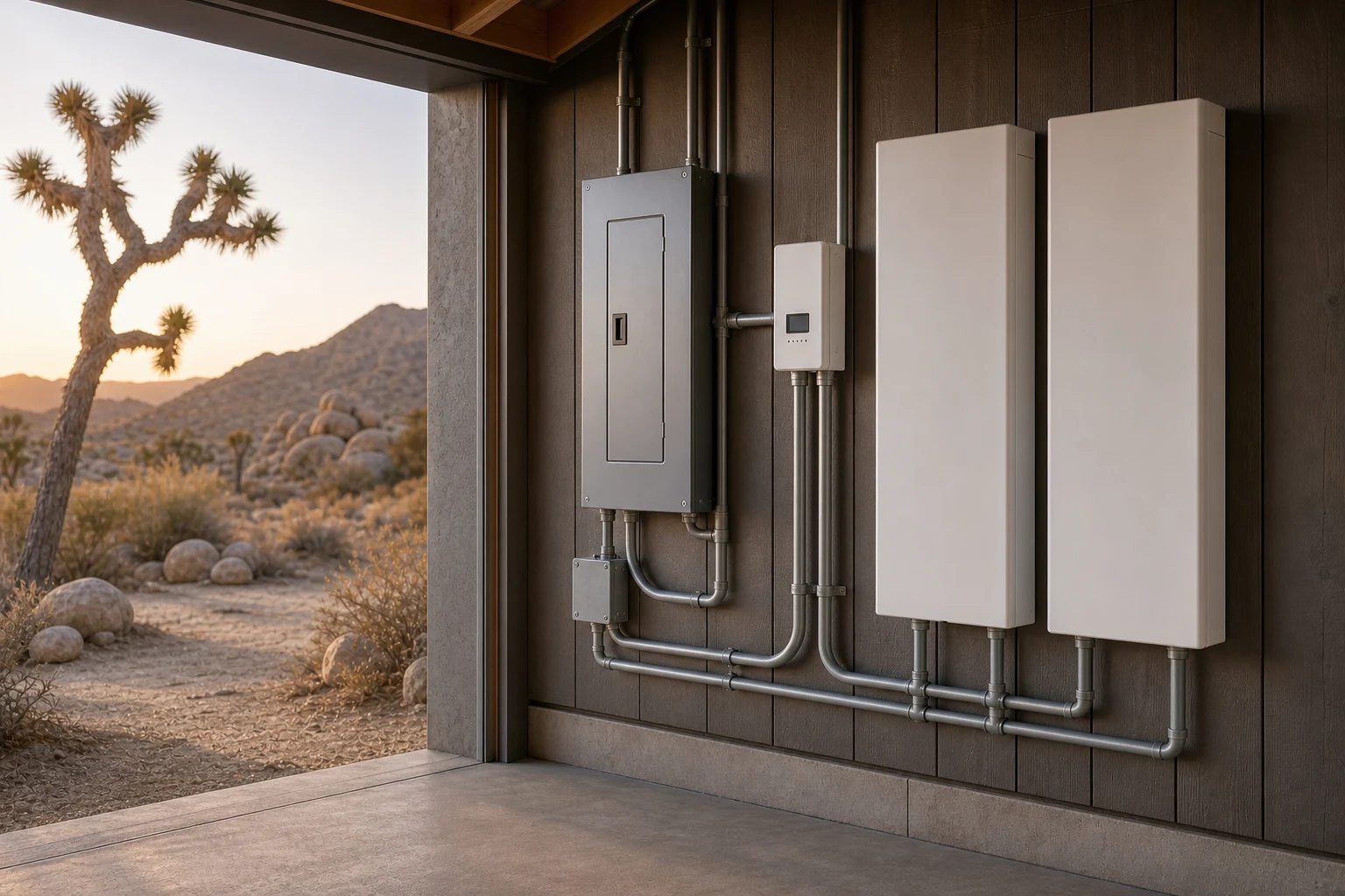 Home battery cabinets, controller, electrical equipment, and conduit in a Joshua Tree installation area.