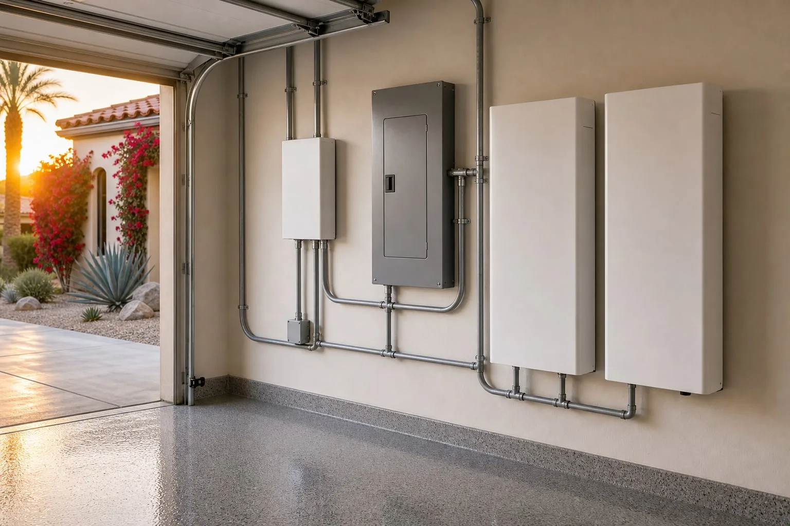 Wall-mounted home battery cabinets, smart controller, electrical subpanel, and conduit in a La Quinta garage.
