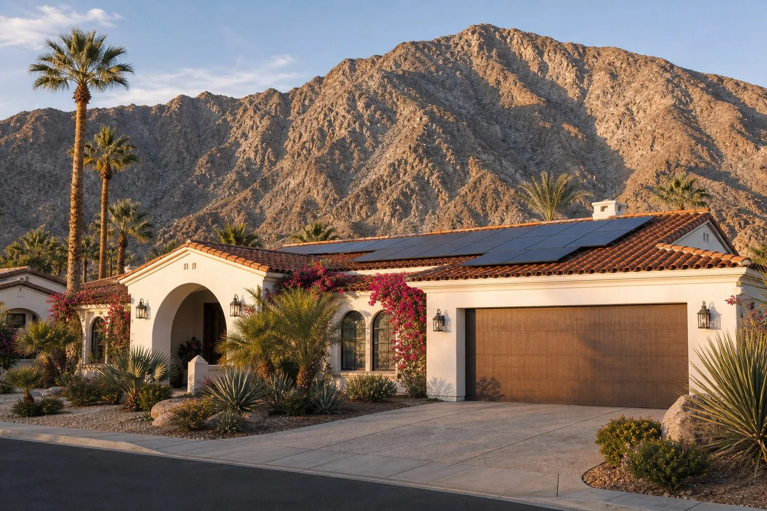 Spanish-style La Quinta home with clay tile roof solar panels at the base of the Santa Rosa Mountains.