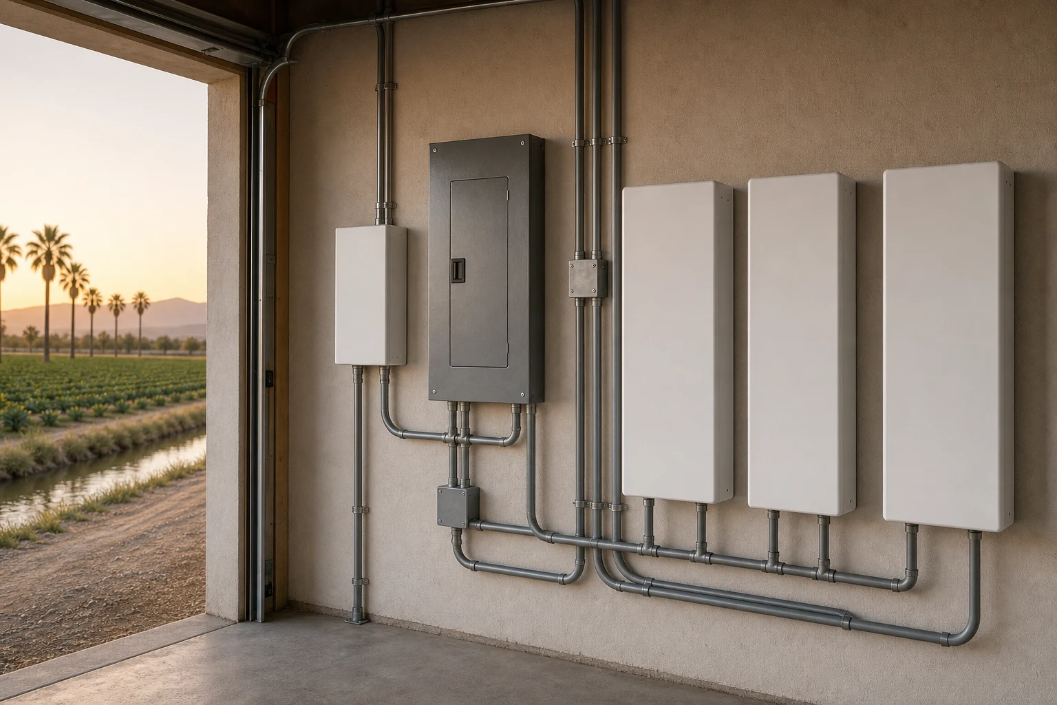 Home battery cabinets, controller, electrical equipment, and conduit in a Mecca installation area.