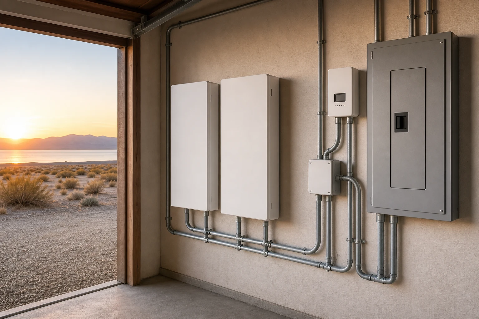 Home battery cabinets, controller, electrical equipment, and conduit in a North Shore / Salton Sea installation area.