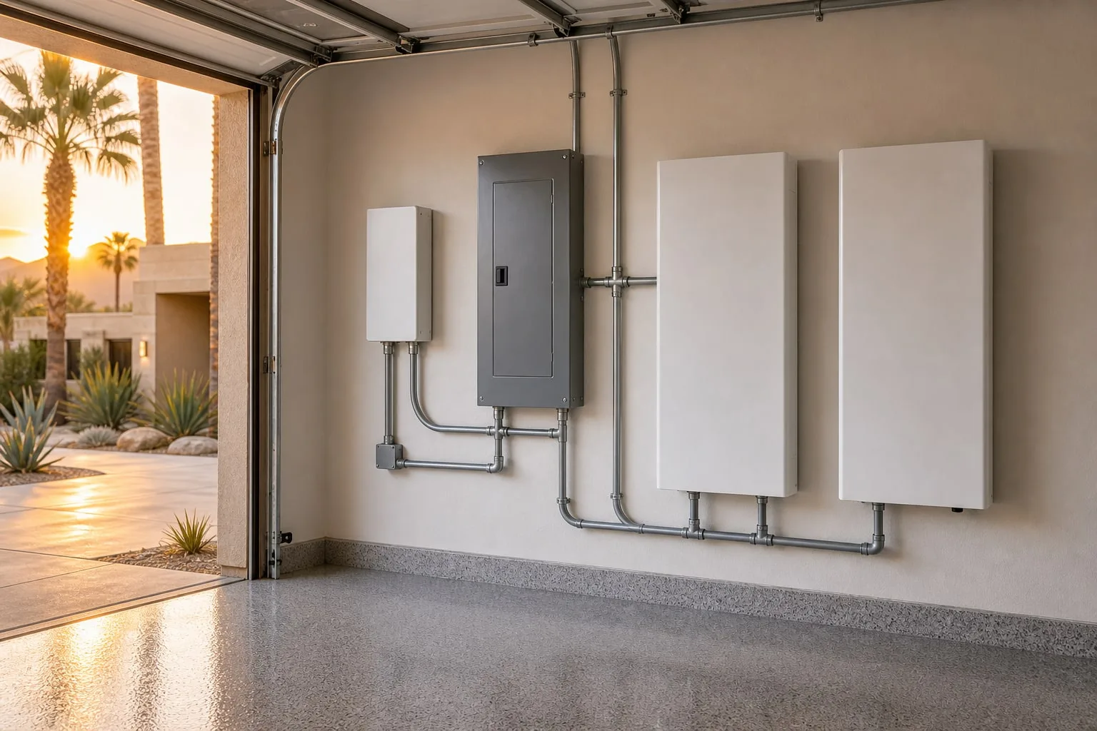 Wall-mounted home battery cabinets, smart controller, electrical subpanel, and conduit in a Palm Desert garage.