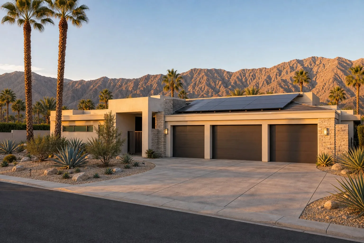 Contemporary Palm Desert home with rooftop solar panels, desert landscaping, palms, and mountain views.