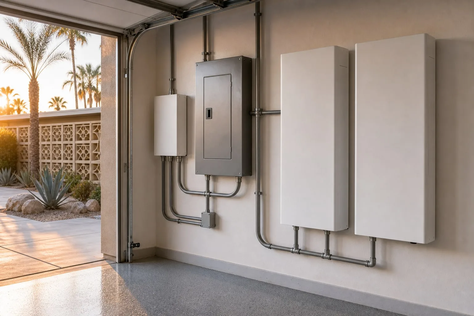 Wall-mounted home battery cabinets, smart controller, electrical subpanel, and conduit in a Palm Springs garage.