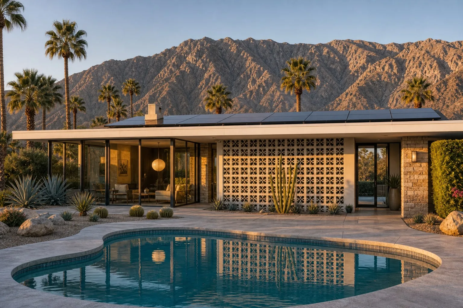 Palm Springs mid-century modern home with rooftop solar panels, breeze-block detail, pool, and Mount San Jacinto.
