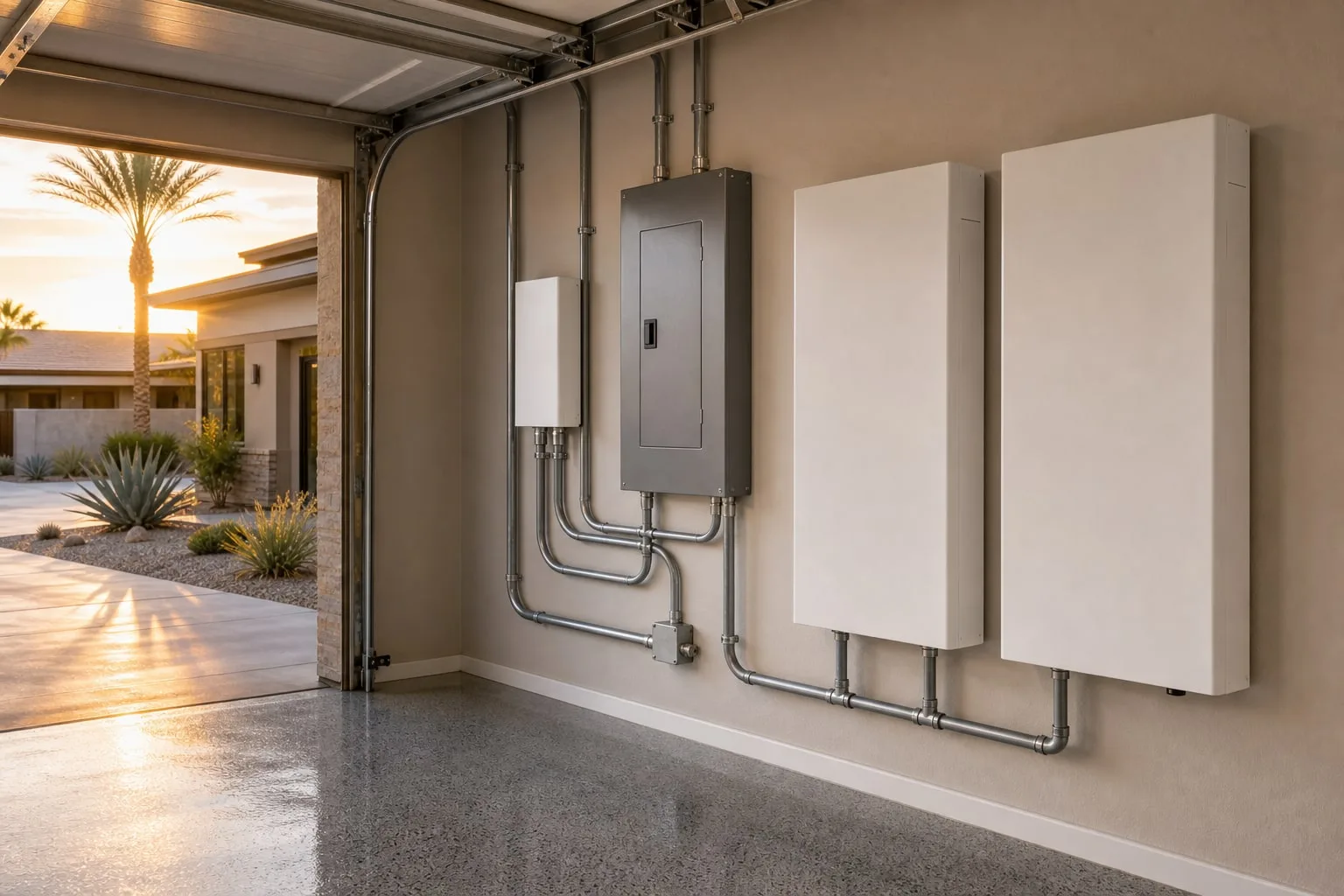 Wall-mounted home battery cabinets, smart controller, electrical subpanel, and conduit in a Rancho Mirage garage.