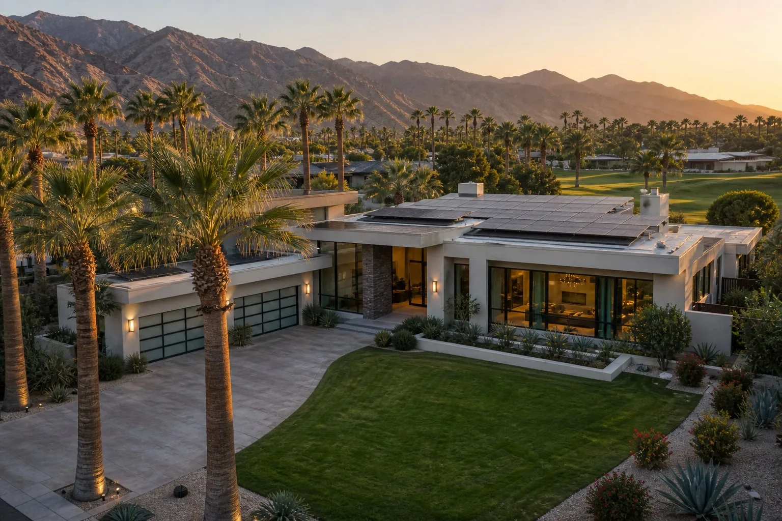 Rancho Mirage estate home with rooftop solar panels, country-club landscaping, and palms.