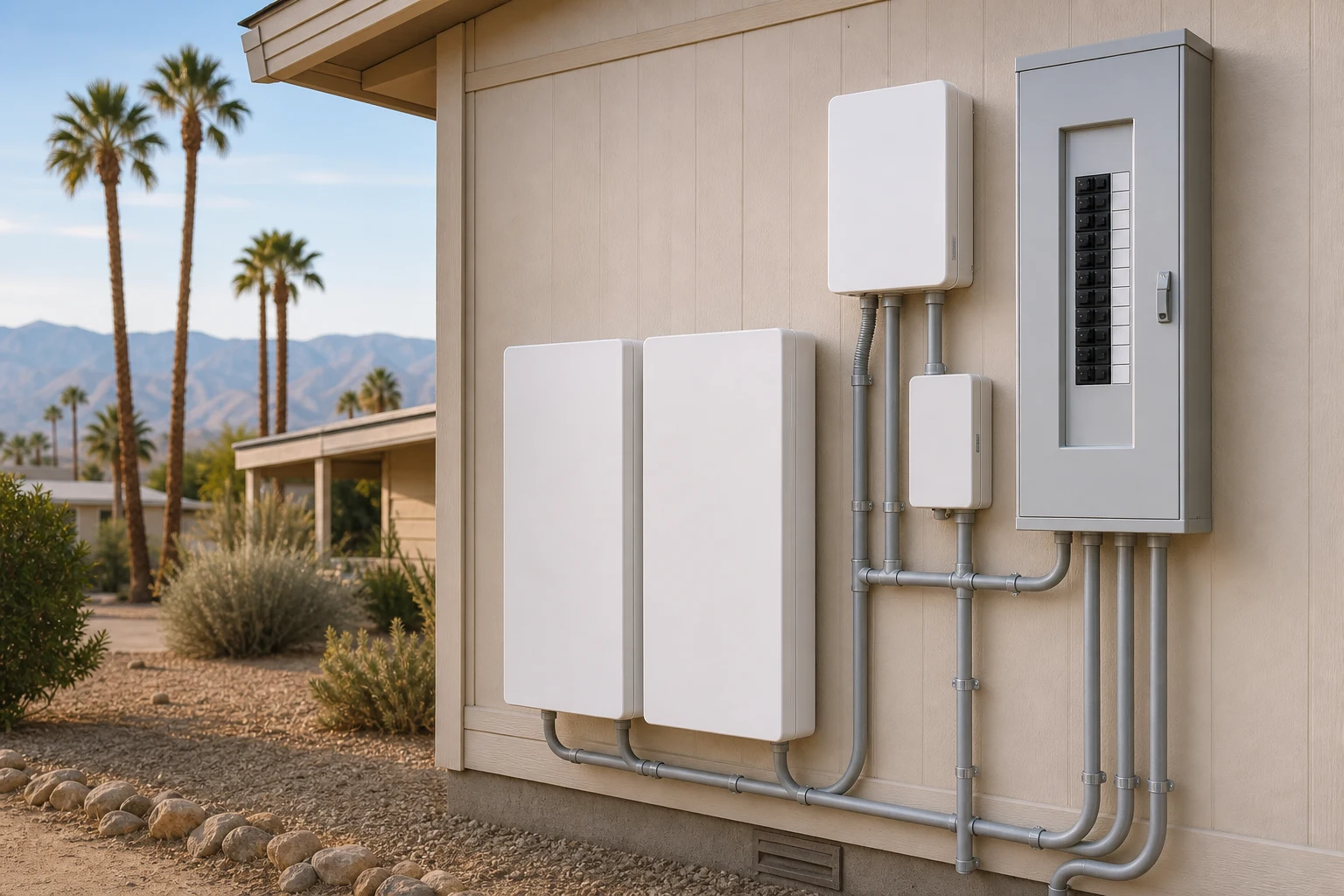 Home battery cabinets, controller, electrical equipment, and conduit in a Thousand Palms installation area.