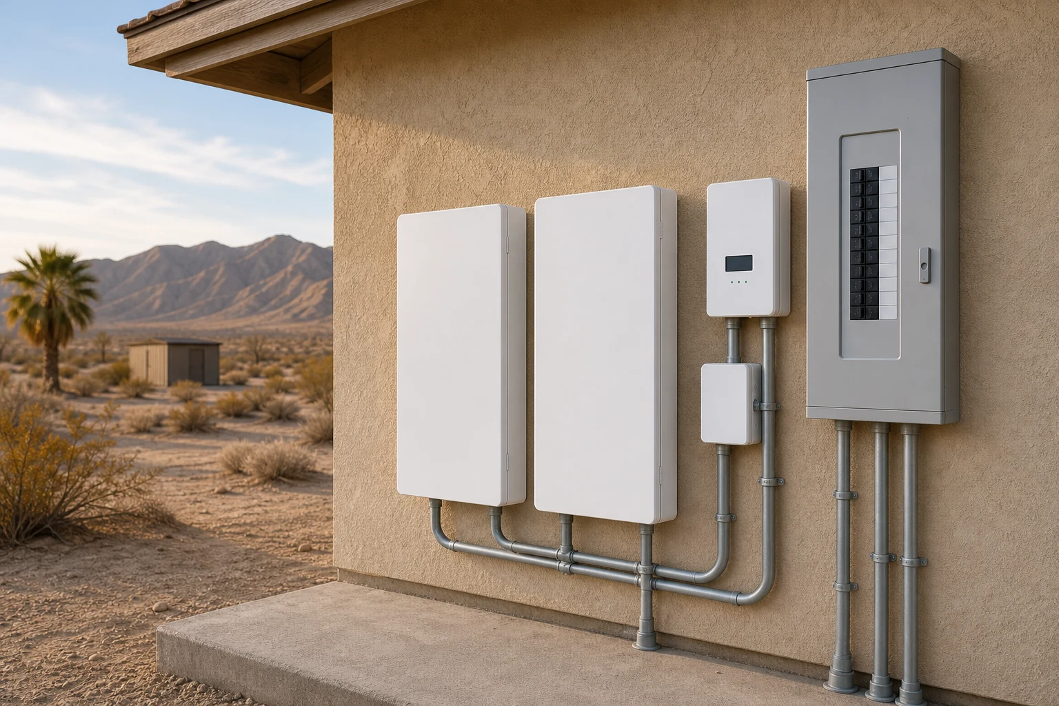 Home battery cabinets, controller, electrical equipment, and conduit in a Twentynine Palms installation area.
