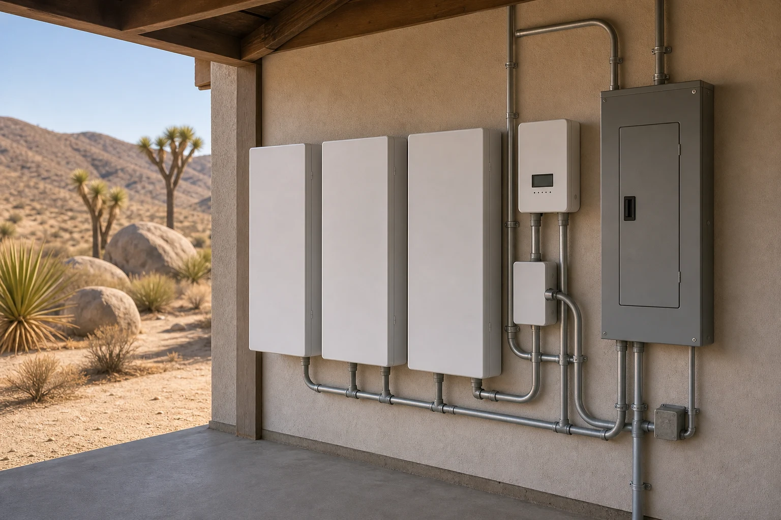 Home battery cabinets, controller, electrical equipment, and conduit in a Yucca Valley installation area.