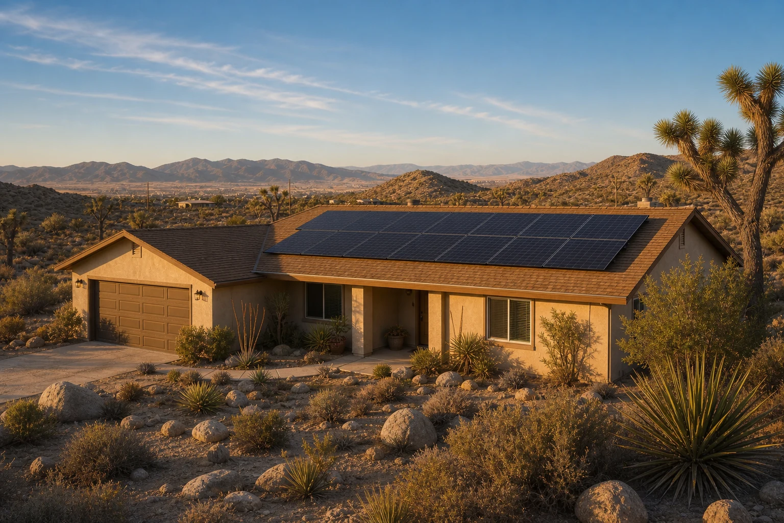Yucca Valley property with rooftop solar and landscape conditions representative of the local service area.