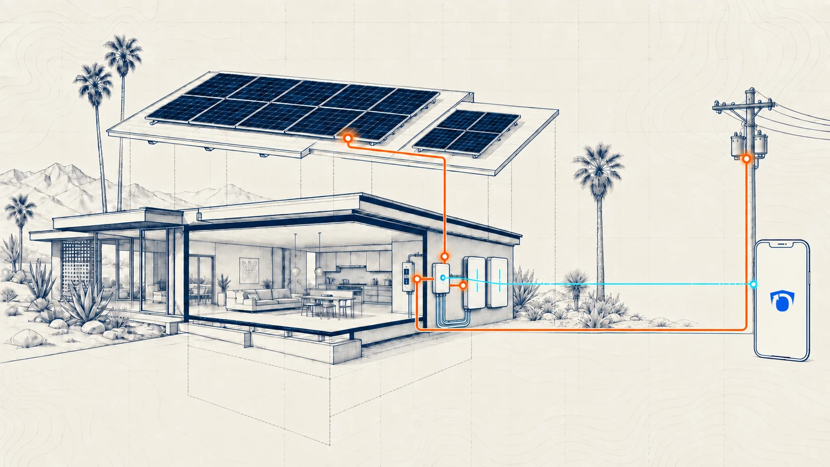 Architectural cutaway showing utility power, rooftop solar, exterior battery storage, system control, and Mycroguard monitoring working together at a desert home