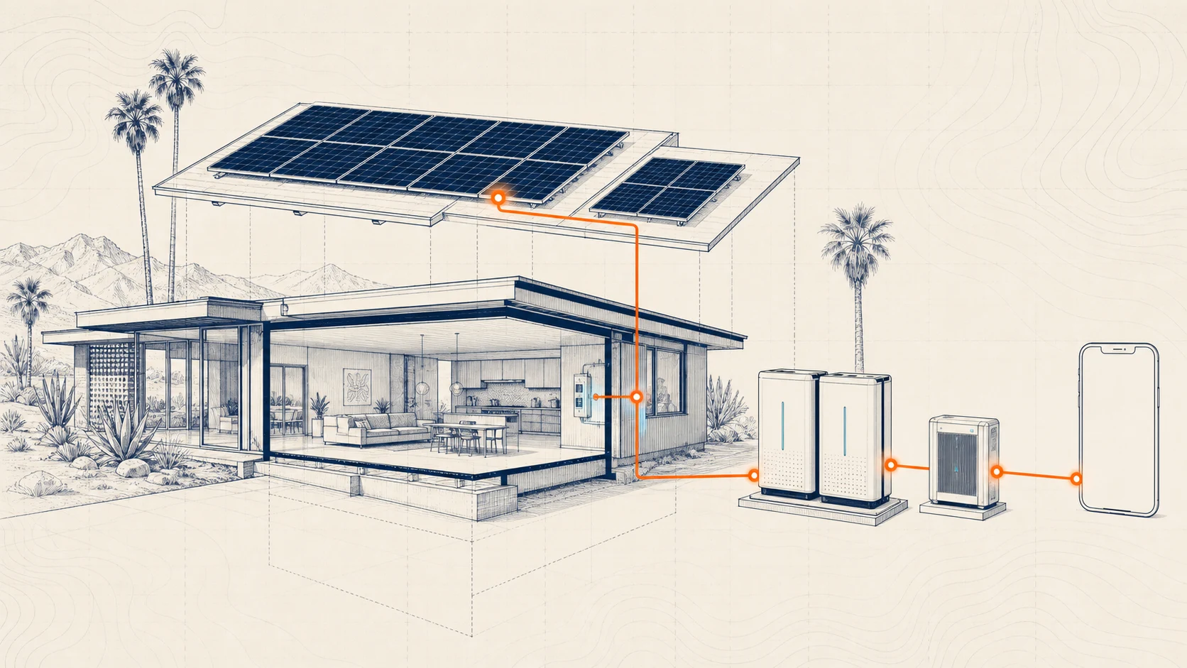 Architectural cutaway showing solar, battery storage, system control, and monitoring working together at a desert home