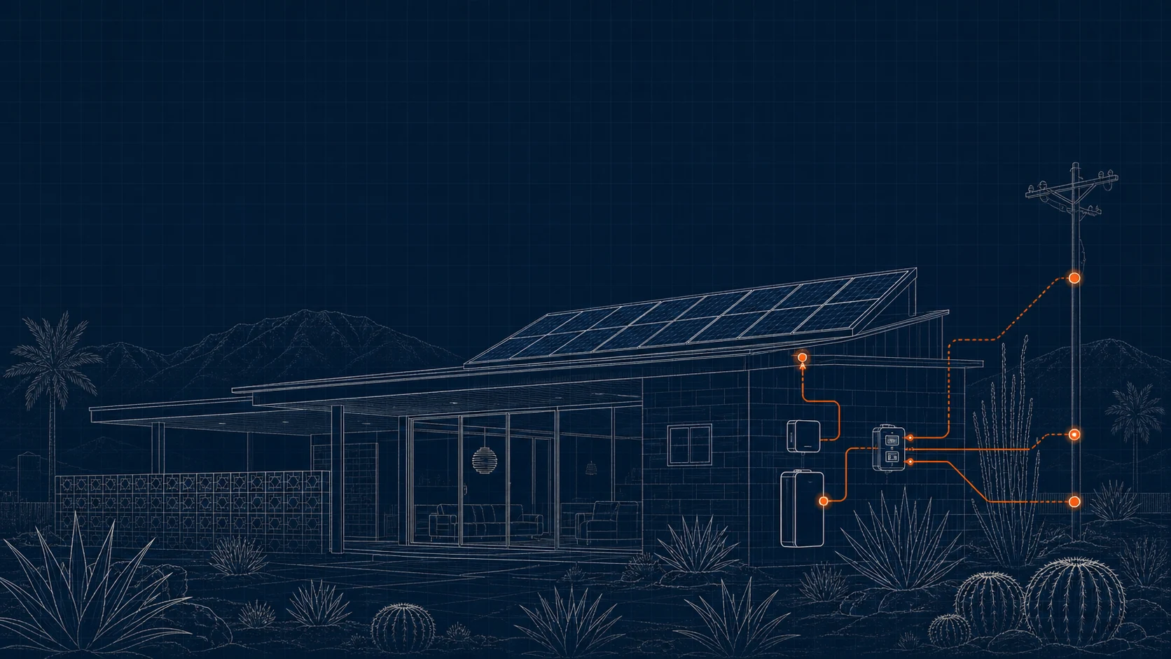 Blueprint of a desert home connected to solar panels, battery storage, local controls, and the utility grid