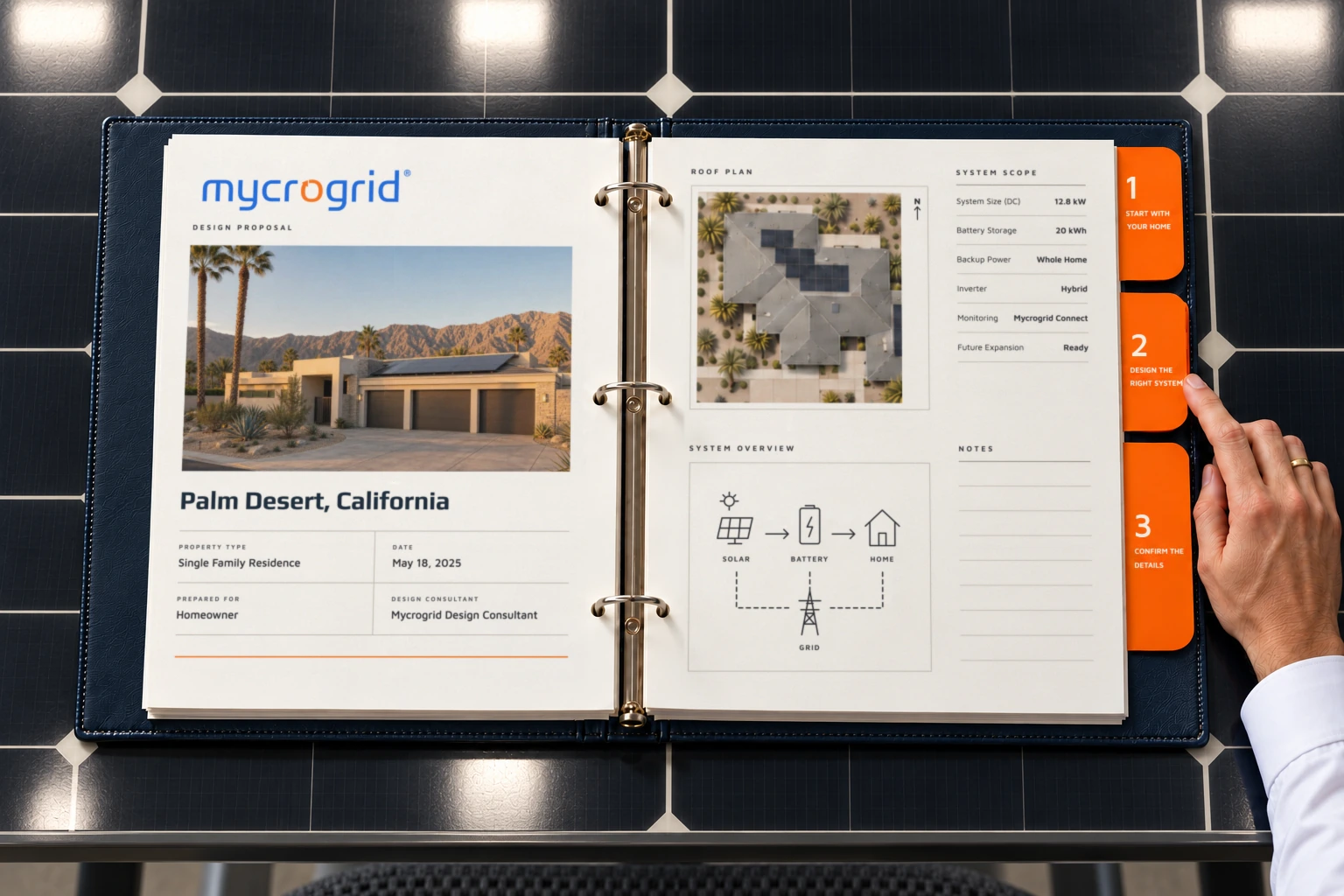 Open Mycrogrid® design proposal showing a Palm Desert home, roof plan, system scope, and solar system overview