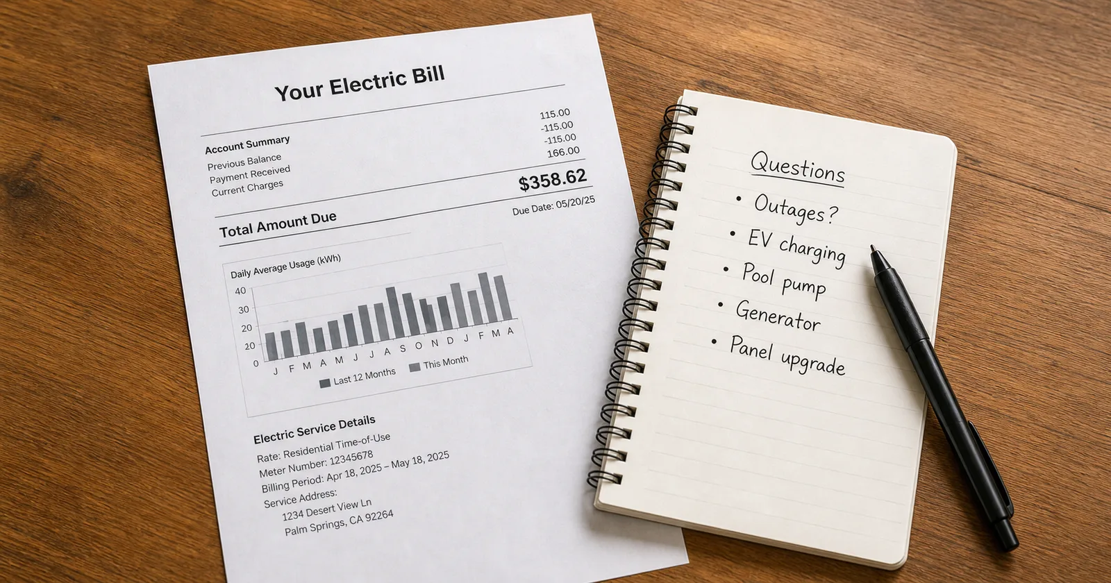 A recent electric bill beside a notepad listing questions about outages, EV charging, a pool pump, a generator, and a panel upgrade