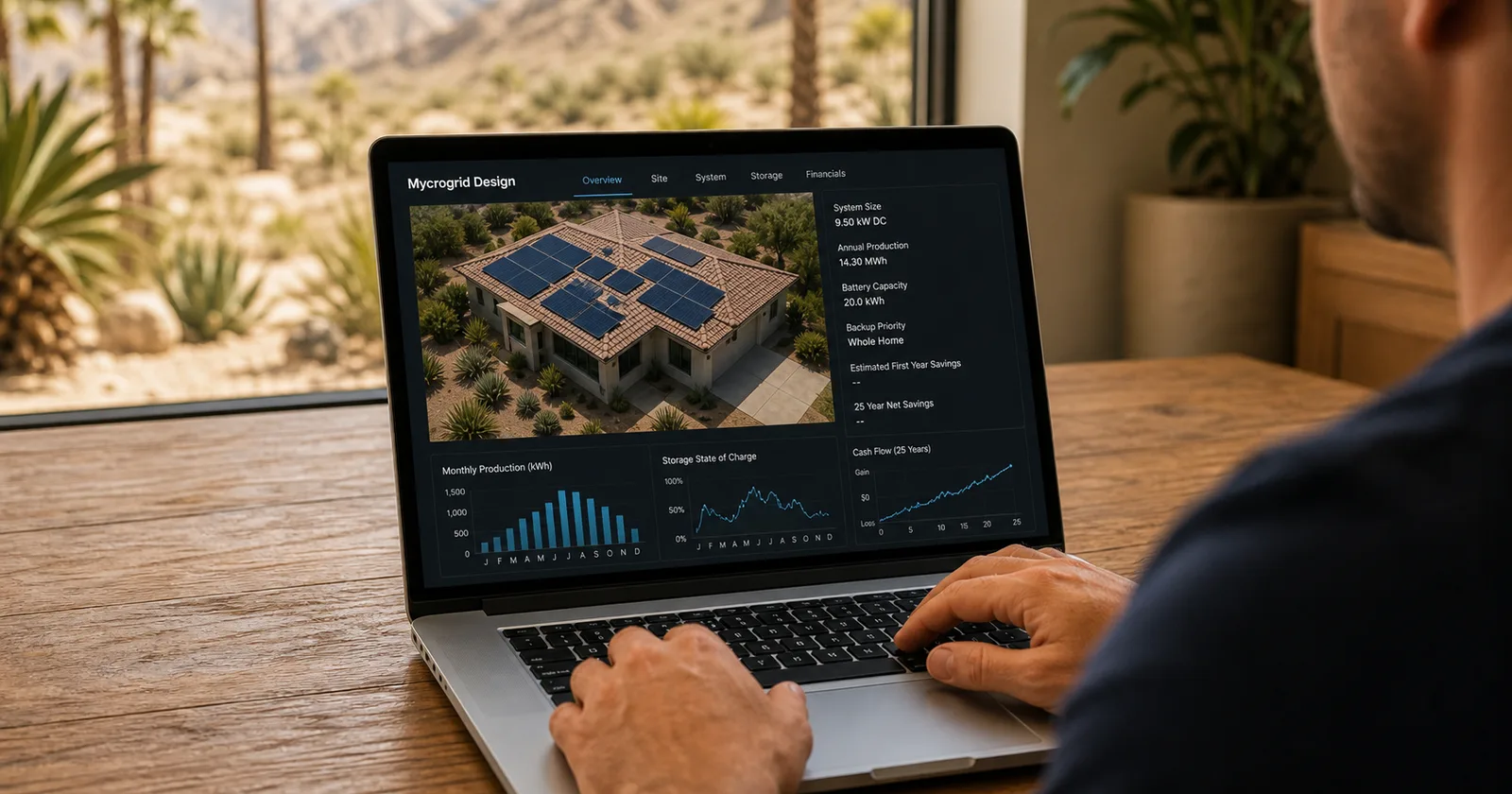 A laptop showing Mycrogrid® Design planning software with a 3D roof model, production charts, and cost assumptions