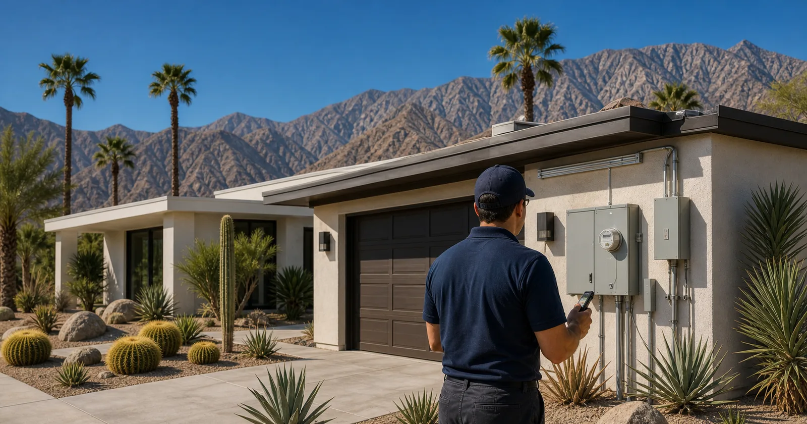A Mycrogrid® consultant reviewing the service panel and equipment outside a desert home