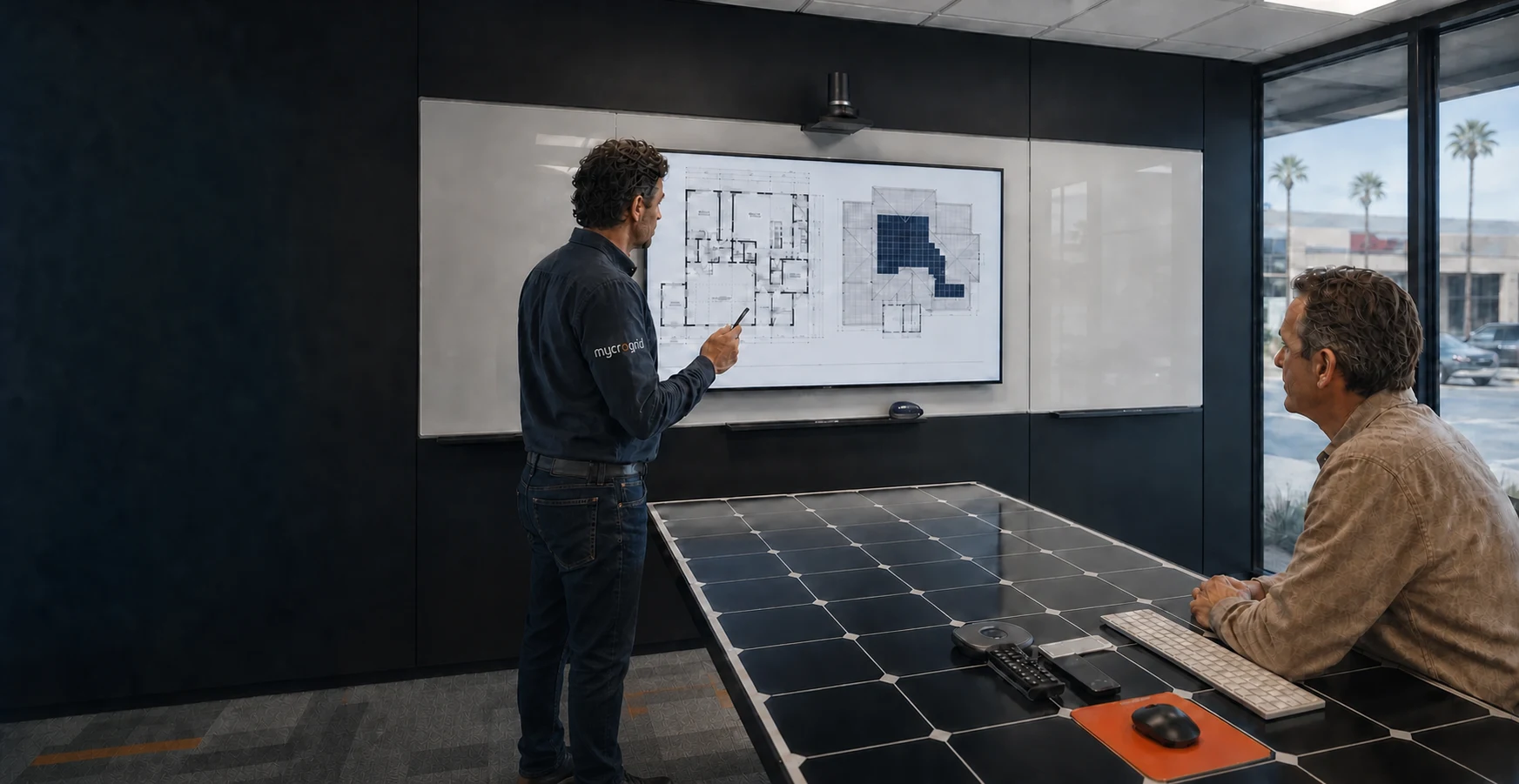 A Mycrogrid design consultant reviewing a home floor plan, solar roof layout, and electrical plan with a Palm Desert homeowner
