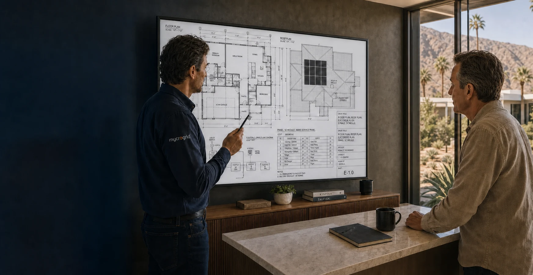 A Mycrogrid design consultant reviewing a home floor plan, solar roof layout, and electrical plan with a Palm Desert homeowner