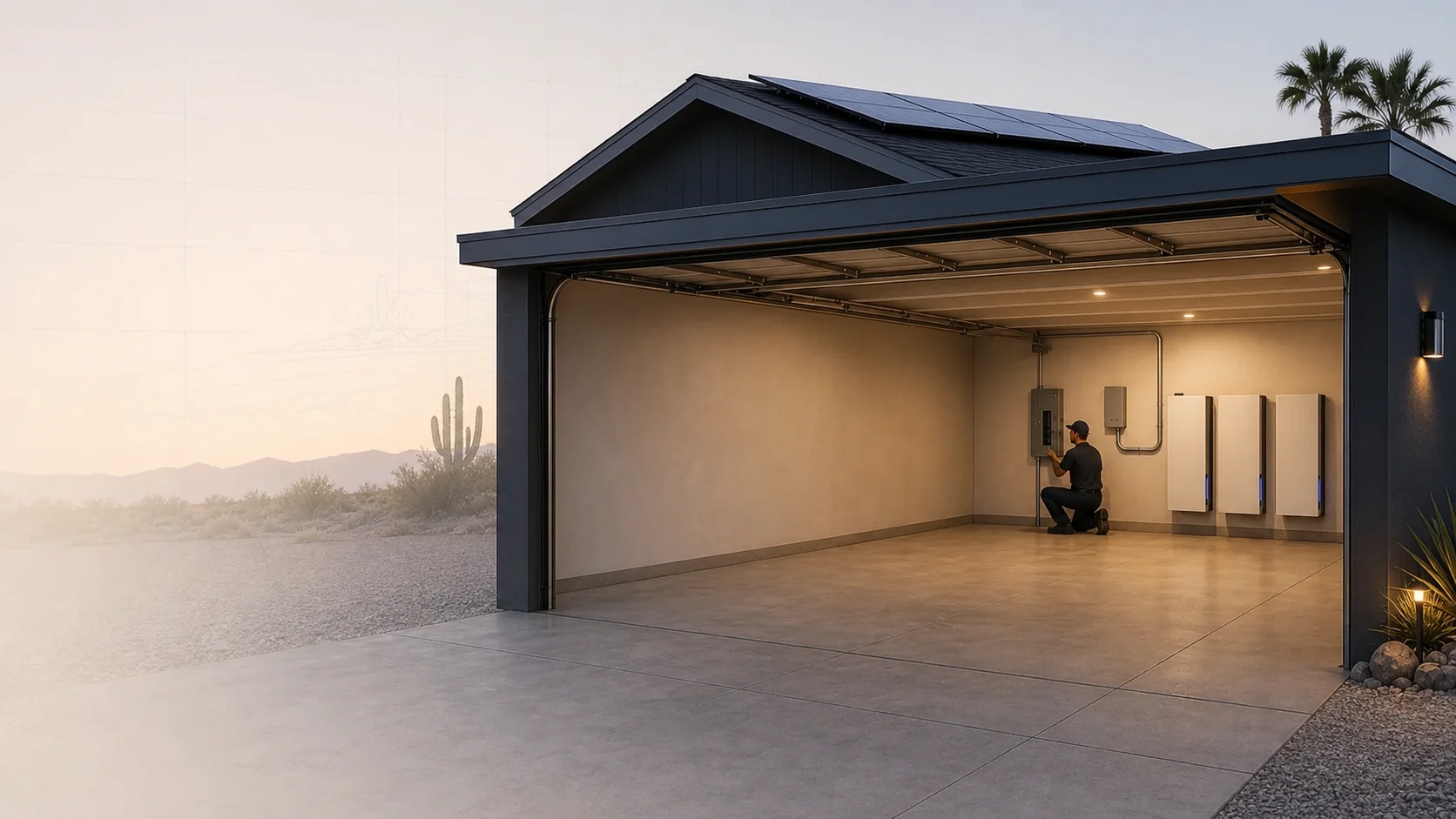 A modern desert garage at dusk with a technician beside the electrical panel and three wall-mounted home battery cabinets.