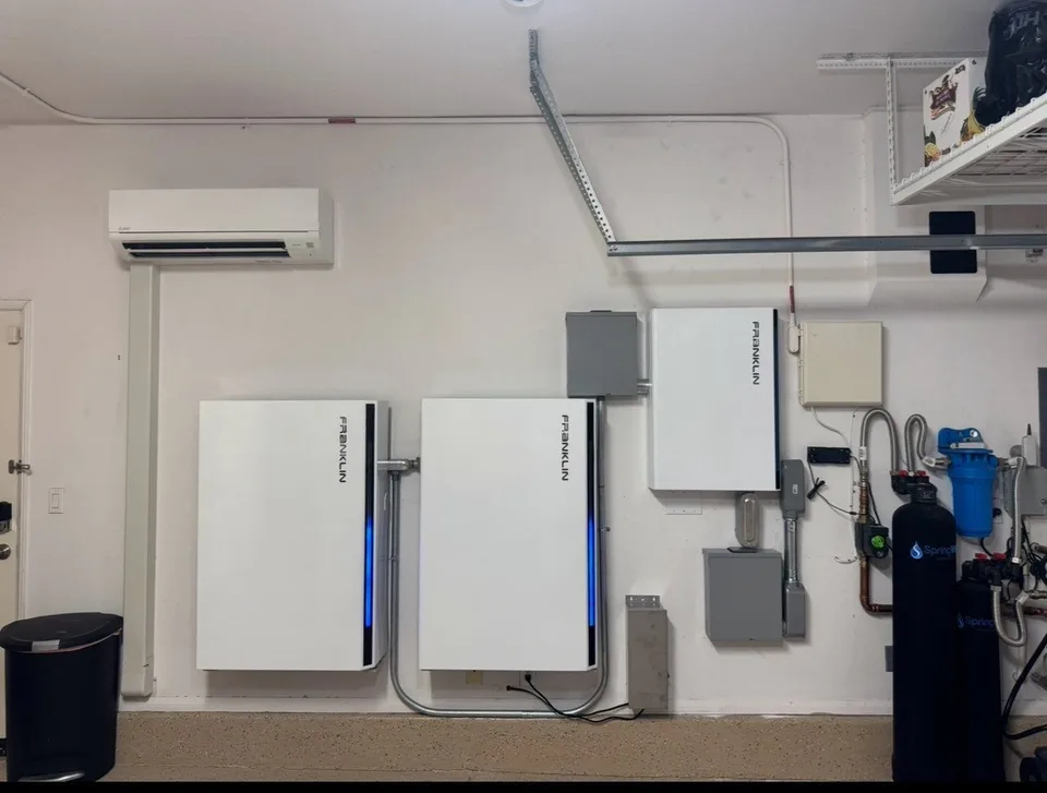 Two wall-mounted Franklin batteries with a Franklin control unit and surface-mounted conduit.