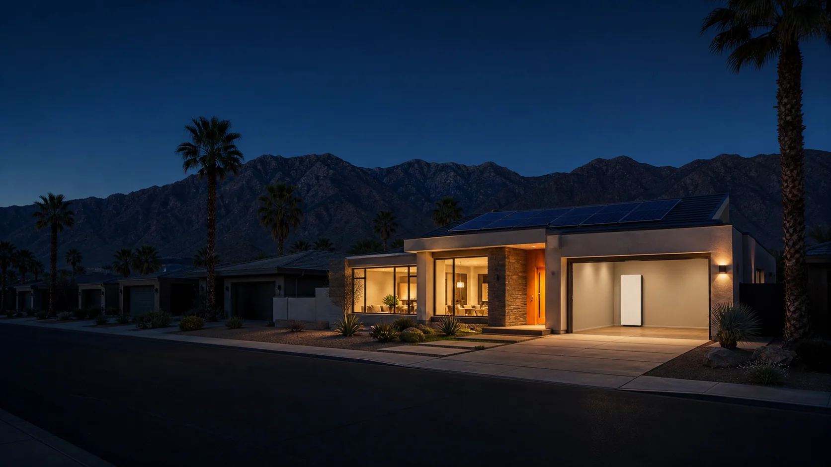 A Coachella Valley home lit by battery backup at night while the surrounding neighborhood is dark