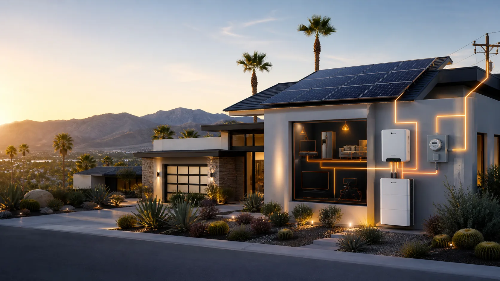 A Coachella Valley home with rooftop solar, wall-mounted battery storage, and the energy pathways that connect them