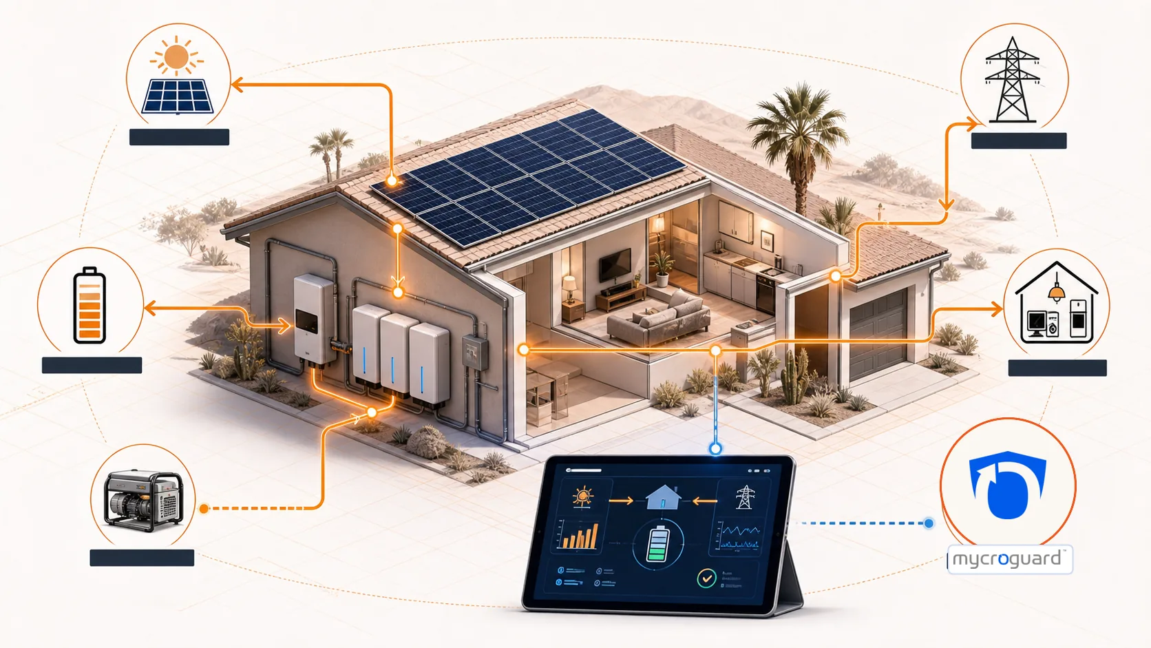 Diagram of a home microgrid: solar production, battery storage, the utility connection, and generator backup all reporting into Mycroguard monitoring