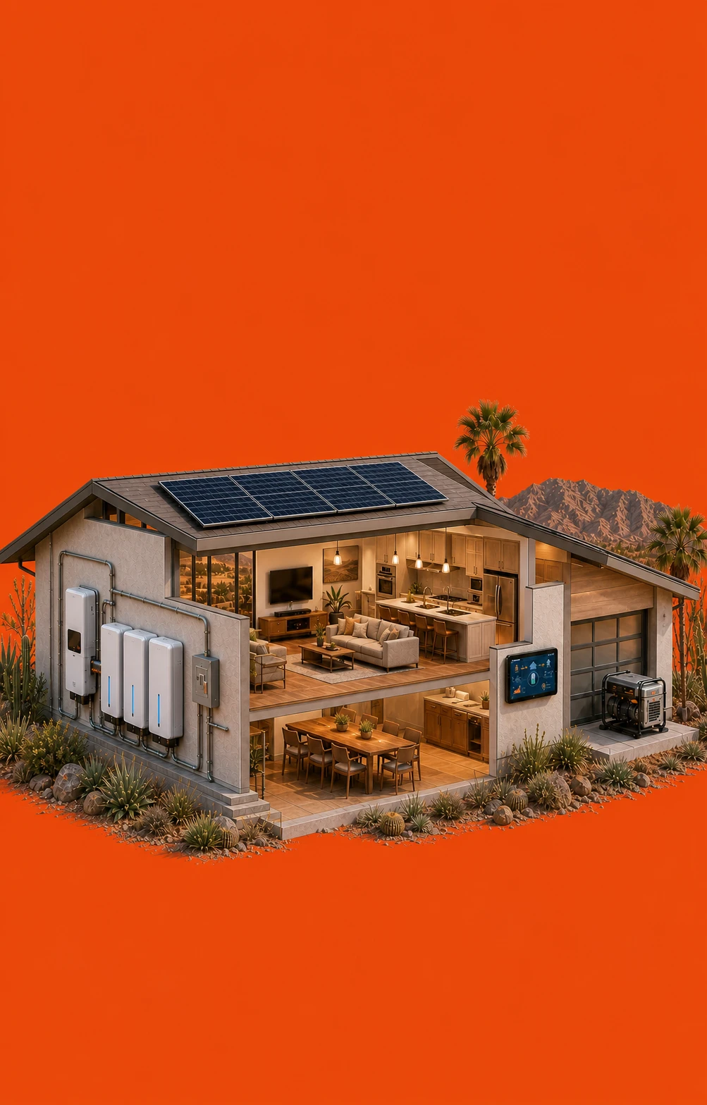 Cutaway of a desert home showing rooftop solar, an inverter and battery bank on the wall, the service panel, an in-home monitor, and a backup generator in the garage