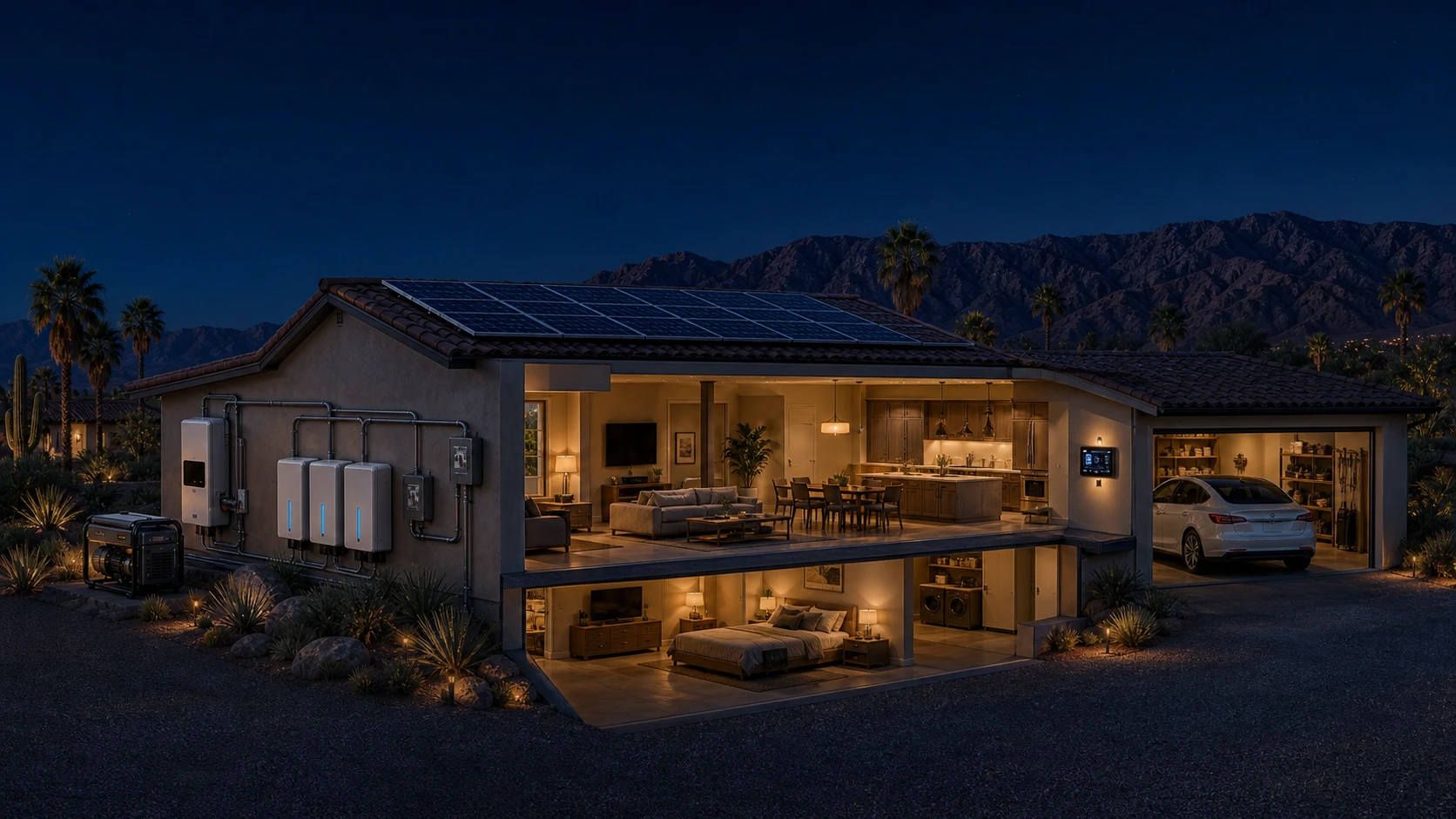 Coachella Valley home showing rooftop solar, battery storage, backup generation, and home energy controls