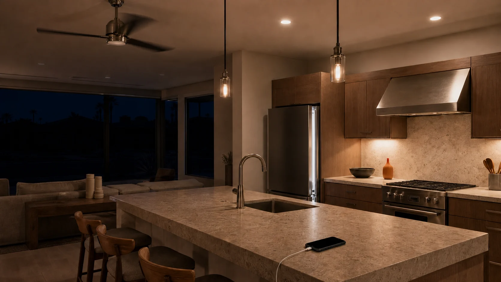 Interior of a Coachella Valley home during an outage with the refrigerator, lighting, and internet still running on battery backup
