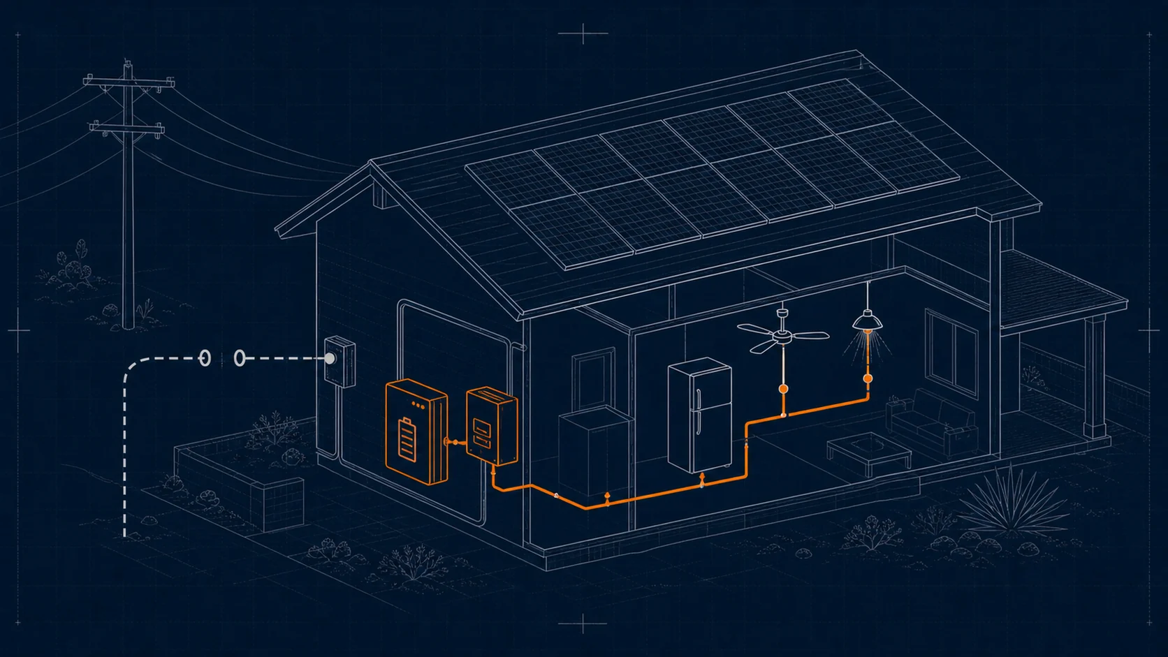 Blueprint of a grid-tied solar home showing the inverter disconnecting from the utility during an outage
