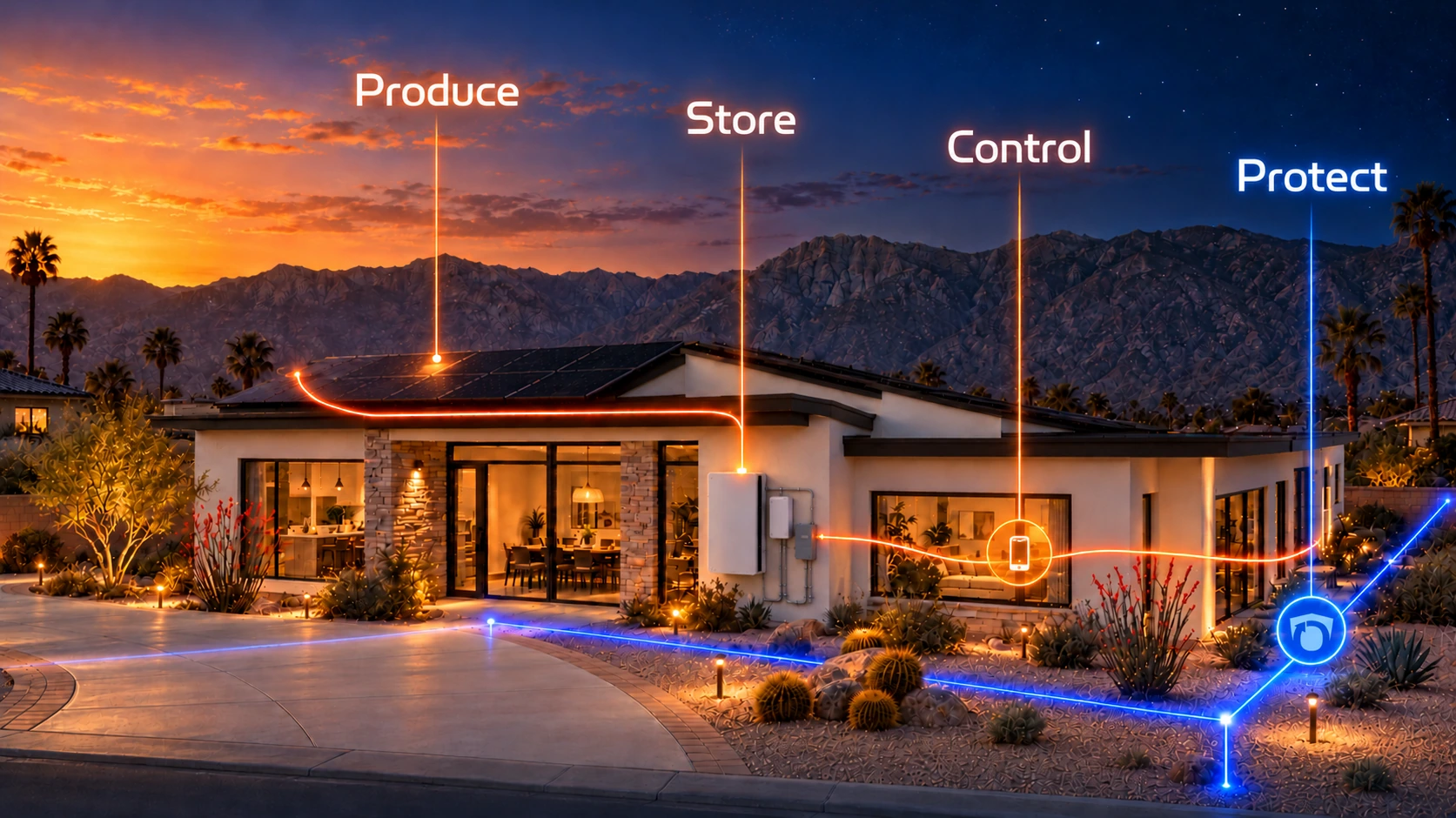 Produce, Store, Control, and Protect illustrated on a desert neighborhood home with solar panels, battery storage, orange energy routing, and a blue protection boundary