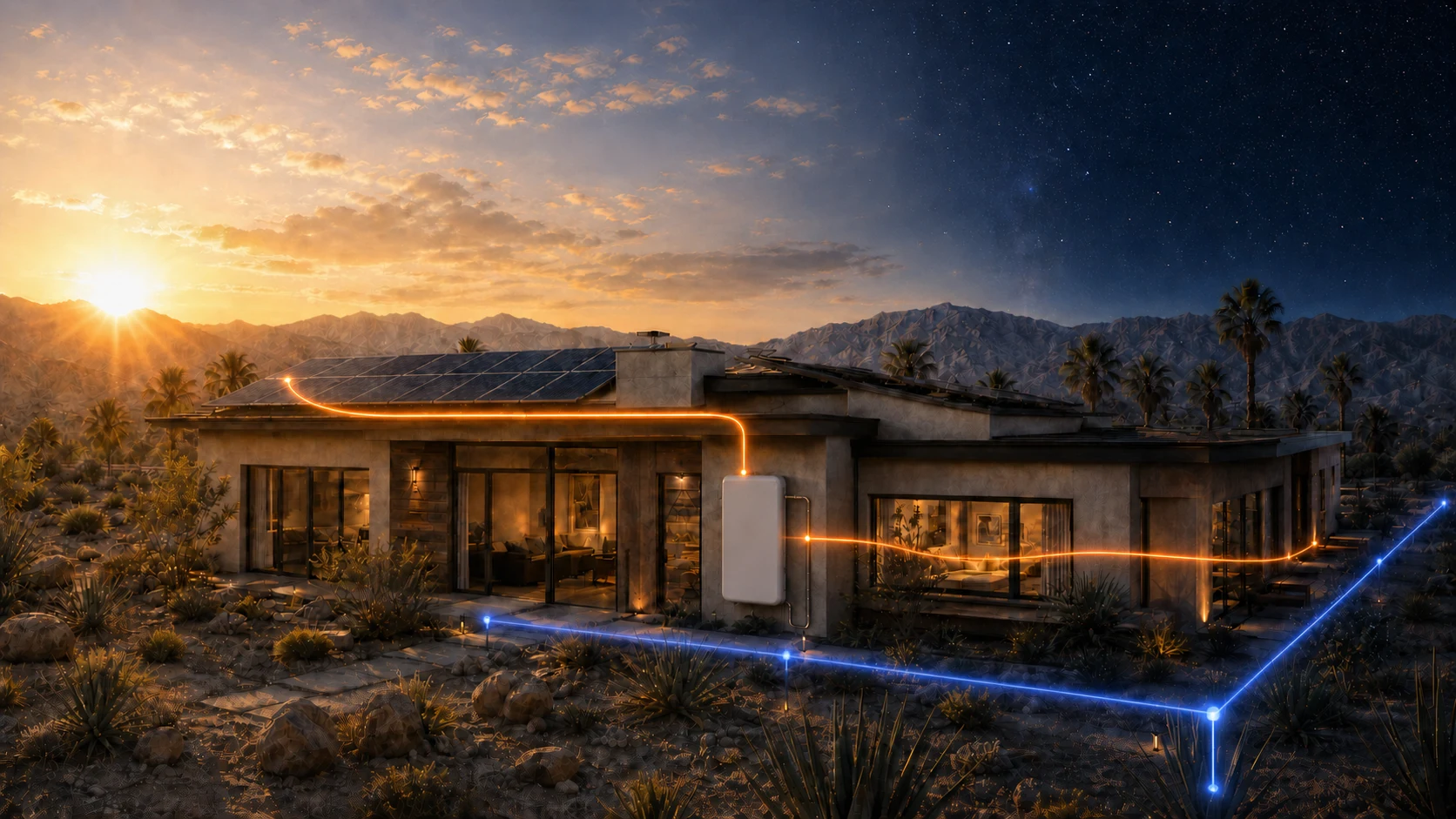 Solar-powered modern desert home transitioning from sunrise to night, with orange energy routing and a blue protection boundary